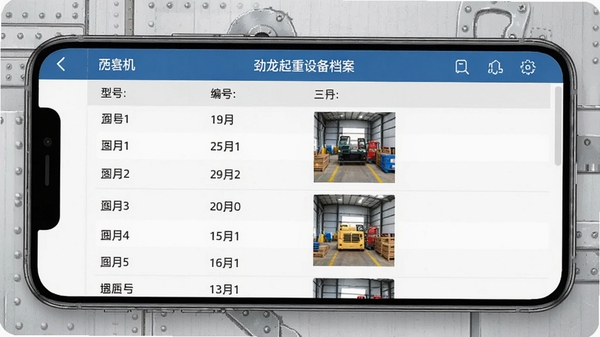 劲龙起重设备档案功能截图,手机界面显示起重机详细信息列表,包含型号、编号、照片,背景为浅灰色工业风格,界面设计简洁清晰,突出数据管理概念