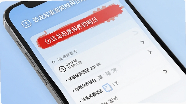 劲龙起重智能维保日历界面,红色标记保养到期日,下方显示详细保养项目清单,背景为柔和的蓝色渐变,画面突出提醒功能,手机界面风格现代简洁