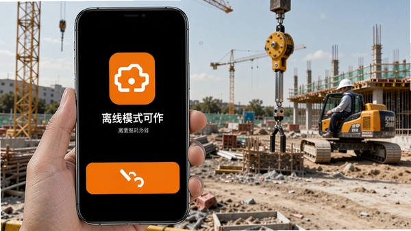 劲龙起重离线模式操作示意图,手机屏幕显示黑色与橙色界面,强调离线可用的图标,背景为户外施工现场,画面突出移动办公的便捷性