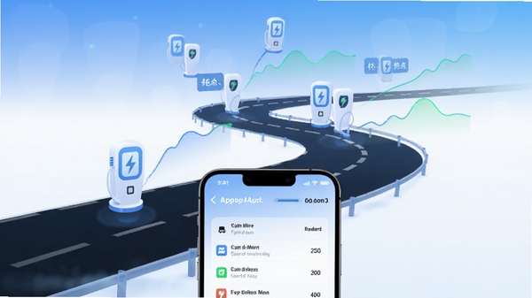 桩伞App行程规划页面的概念图,画面展示一条蜿蜒的公路,公路上方悬浮着几个虚拟的充电站坐标点,每个点连接着电量消耗预测曲线,手机界面位于画面下方,显示起点和终点以及沿途的补电计划列表,整体色调为蓝白渐变,风格现代简约,突出智能规划与远途无忧的出行场景