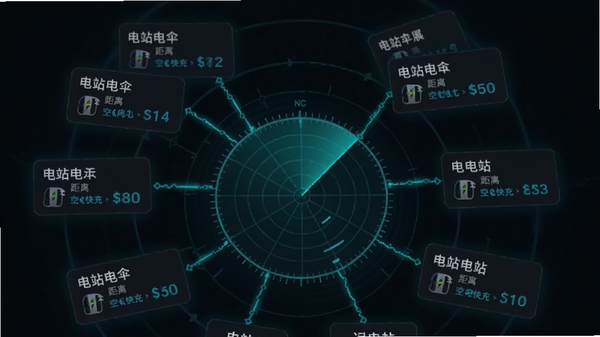 桩伞App的电站雷达功能界面图,中心是一个类似雷达扫描的圆形动画,向外扩散出多个充电站卡片,每张卡片上带有电站名称、距离和空闲快充桩数量,界面采用深色背景搭配科技蓝绿色数据线条,突出科技感和高效数据可视化,图片以App界面为主体,背景简洁突出主体,画面清晰有质感