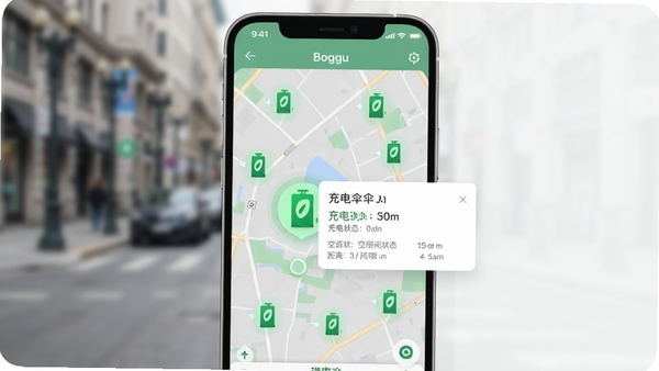 一张智能手机竖屏界面的高清截图,界面显示桩伞App的首页地图模式,地图上分布着多个绿色充电桩图标,其中一个被高亮选中并弹出详情卡片,卡片清晰显示充电功率、空闲状态和距离信息,画面背景是模糊的城市街道,整体色调清新明亮,强调智能与便捷,图片主体是手机屏幕,背景为浅色简约风格,适配Boogu模型生成