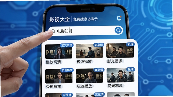 影视大全免费播搜索功能演示,手指点击搜索框输入电影名称,界面下方弹出多个不同来源的播放源列表,每个源标注有蓝光高清或极速播放标签,手机界面设计简洁,背景为渐变蓝色科技感,突出资源聚合的便捷性