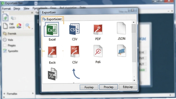 Exportizer 导出格式选择对话框,显示包括Excel、CSV、PDF、JSON等多种格式选项的列表,界面清晰展示格式图标和名称,背景为软件主窗口的模糊效果,突出导出功能的多样性