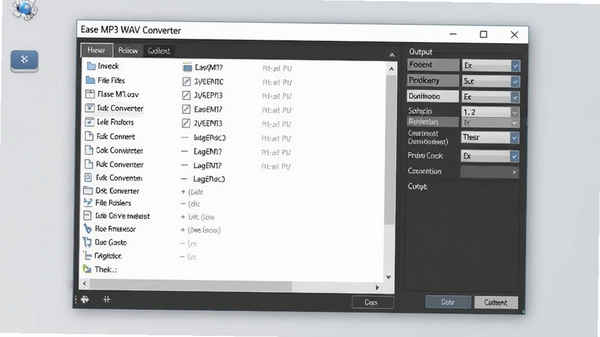 Ease MP3 WAV Converter软件主界面截图,展示简洁的窗口布局,左侧为文件列表区域,右侧为输出格式选择面板,背景为干净的浅灰色桌面环境,画面清晰,软件名称显示在窗口标题栏,整体风格写实,细节丰富,适配Boogu模型生成