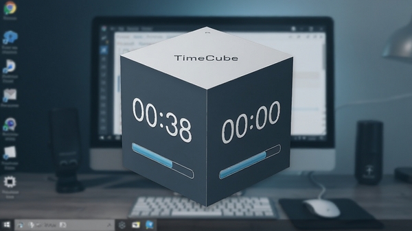 TimeCube软件主界面预览图,展示一个简约的桌面悬浮窗,窗口呈立方体形状,表面有清晰的时间数字显示和进度条,背景为虚化的电脑桌面,整体色调冷静专业,突出时间管理工具的核心特征