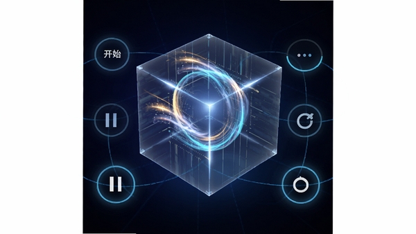 TimeCube软件功能展示图,画面中央是一个半透明的3D立方体,内部有流动的光效代表时间流失,立方体周围环绕着开始、暂停、重置等简洁的圆形控制按钮,背景为深色渐变,突出科技感与未来感