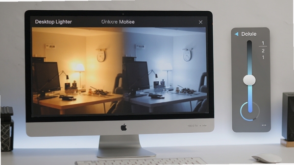Desktop Lighter色温调节功能演示,屏幕显示暖色与冷色对比效果,旁边有滑块控件,界面清晰,色彩过渡自然