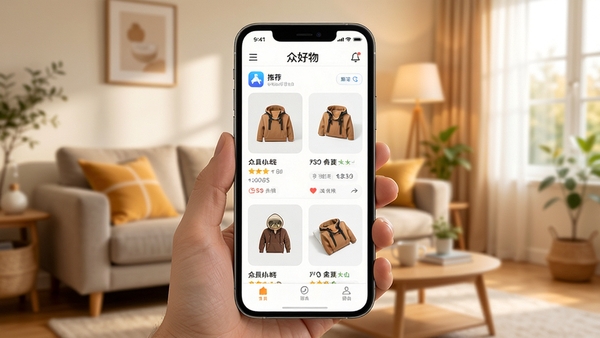 �ں���APP������չʾ���ֻ���Ļ��ʾ��Ʒ�Ƽ��б�������Ϊ��ܰ�ľӼһ�����ɫ����������ƷͼƬ�������������ִ�����������ʵ��Ȼ