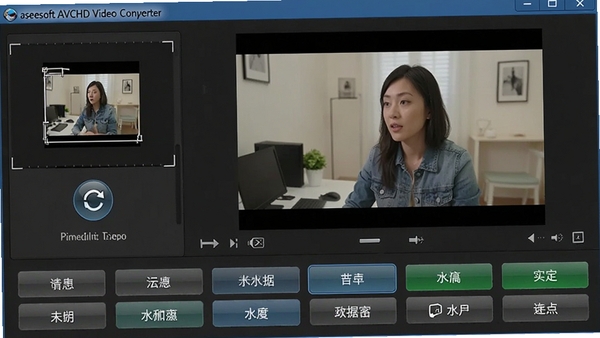 Aiseesoft AVCHD Video Converter��Ƶ�༭����չʾ����ʾ�ü�����ת��ť��ˮӡ����ѡ�Ԥ�����ڲ�����Ƶ���棬���ܰ�ť��������