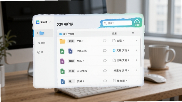 诺云用户版文件管理功能演示图,展示文件夹分类、文档列表、搜索框和云端同步标识,界面采用卡片式布局,色彩清爽,配有文件类型图标,背景为模糊的办公桌面,突出文件整理的井井有条