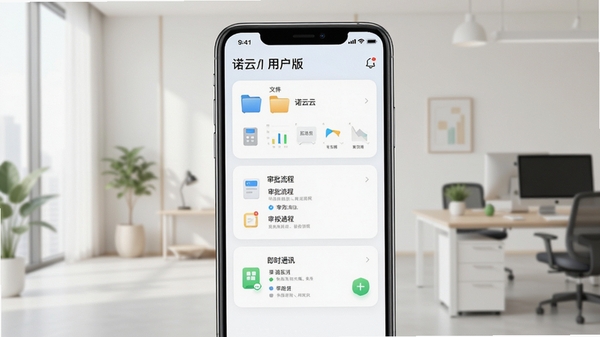 诺云用户版主界面预览图,展示手机屏幕中的文件管理、审批流程、即时通讯三大核心模块,背景为现代简约的办公环境,浅色调,界面清晰明亮,突出移动办公的高效与便捷