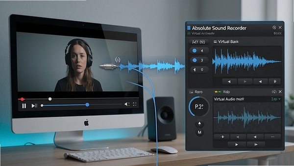 Absolute Sound Recorder����ʾ��ͼ�����������ʾ������Ļ���ڲ���������Ƶ���Ҳ�Ϊ����������壬�������ʾ���������Ѽ��һ����������Ƶ�ź����ߴ���Ļ���ӵ�¼��������ͻ���ڲ���Ƶ������