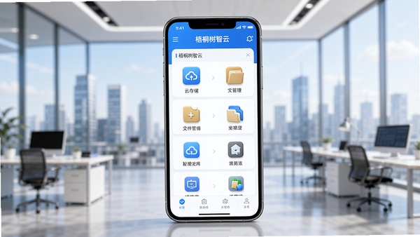 梧桐树智云软件主界面展示,画面中央是一部智能手机,屏幕中清晰显示梧桐树智云APP的云存储与文件管理模块,背景是虚化的现代城市办公场景,简约明亮的商务风格,界面图标立体清晰,整体色调以蓝白为主,突显科技感与专业感。