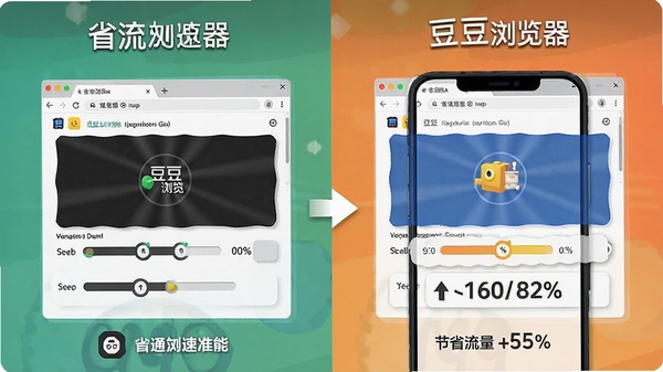 豆豆浏览器省流加速功能示意图,左侧显示普通浏览器加载进度缓慢,右侧显示豆豆浏览器加载快速完成,并标注节省流量百分比,画面清晰直观