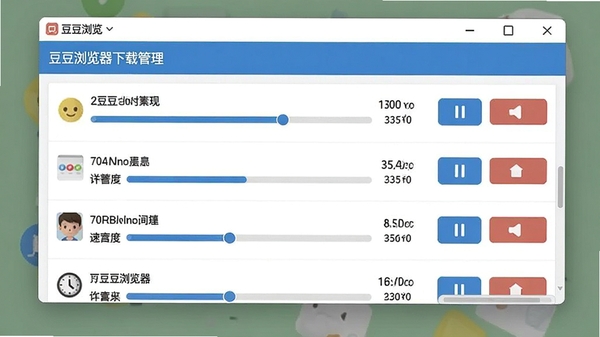 豆豆浏览器下载管理界面,展示正在下载的任务列表,包含进度条、速度显示、暂停与取消按钮,界面简洁实用