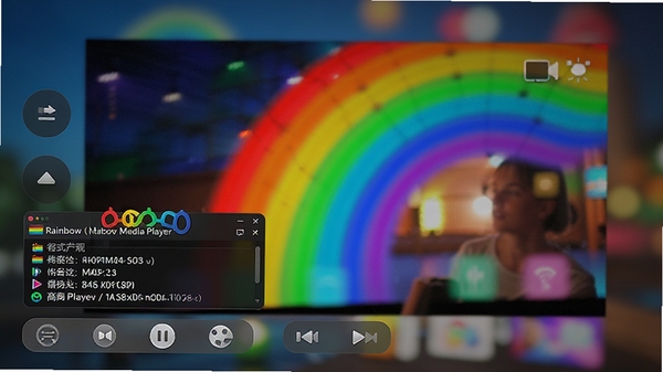 �Ӳ����磨Rainbow Media Player�����Ÿ�����Ƶʱ�Ļ���Ч��ͼ����Ƶ����ɫ�����ޣ����½���ʾ��ʽ��Ϣ���ڣ���Χ�а�͸���Ŀ��ư�ť�������黯������ͻ�����Ż���