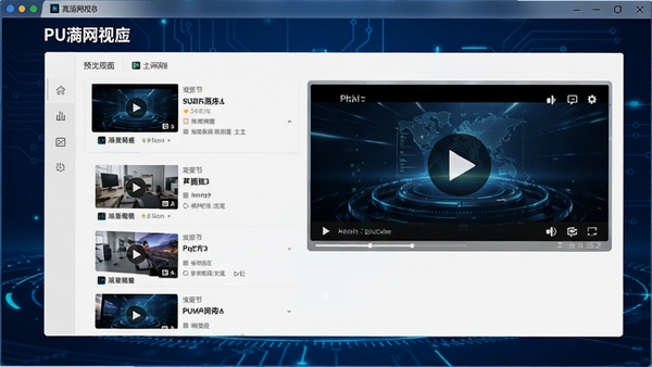PU高清网视主界面预览图,展示软件整体布局与视频列表,画面明亮清晰,背景为深蓝色科技感风格,突出软件名称与播放窗口,整体风格现代简洁
