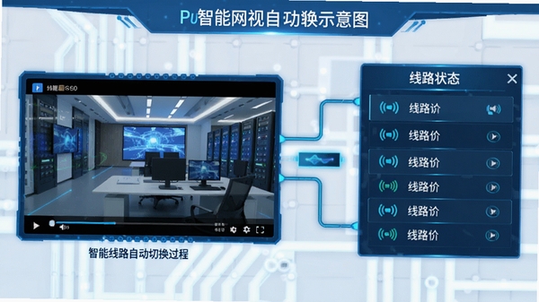 PU高清网视智能解析功能示意图,画面展示多线路自动切换过程,左侧为视频播放窗口,右侧显示线路状态列表,整体色调为蓝色科技风,突出高效与稳定
