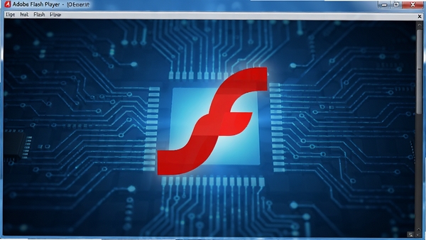 Adobe Flash Player软件主界面预览图,画面中央显示一个红色的Flash标志,背景为深蓝色科技感电路板纹理,整体风格简洁明亮,突出软件的专业性与怀旧感