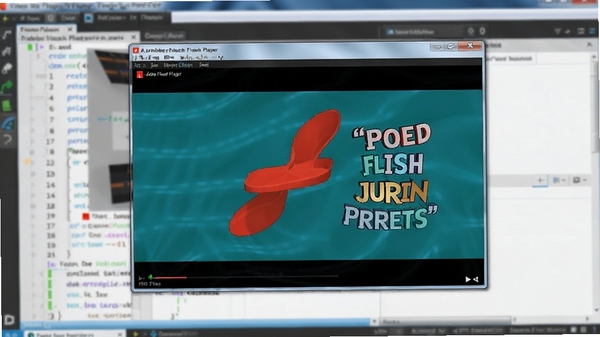 Adobe Flash Player正在播放一段包含矢量图形和动态文本的交互式动画,画面流畅清晰,周围有代码编辑器的模糊背景,体现其强大的渲染能力