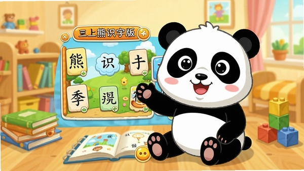 熊猫识字电脑版主界面截图,展示可爱的熊猫卡通形象和丰富的识字游戏场景,色彩明亮,背景为儿童房,桌面有书本和积木,整体风格温馨活泼