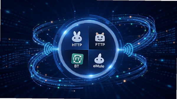 脱兔软件功能展示图,画面中央显示一个整合了HTTP、FTP、BT和eMule四种协议图标的圆形枢纽,周围环绕着高速传输的数据流线条,背景采用深蓝色科技感渐变,突出其多协议融合的核心特性