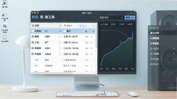 脱兔下载工具主界面预览图,展示其整洁的软件布局,包含任务列表、下载速度曲线以及分类导航栏,背景为浅色系桌面环境,整体风格现代且专业