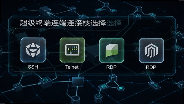 超级终端连接协议选择界面,显示SSH、Telnet、RDP等图标,背景为网络拓扑图,风格科技感十足