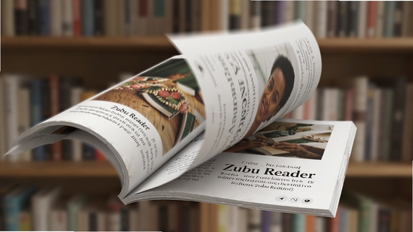 Zubu Reader电子杂志阅读器仿真翻页效果特写,画面捕捉杂志页面正在翻动中的动态瞬间,书页呈现自然卷曲弧度,页面上的精美图片与标题文字清晰可辨,背景为虚化的书架,突出翻页动画的流畅与真实感