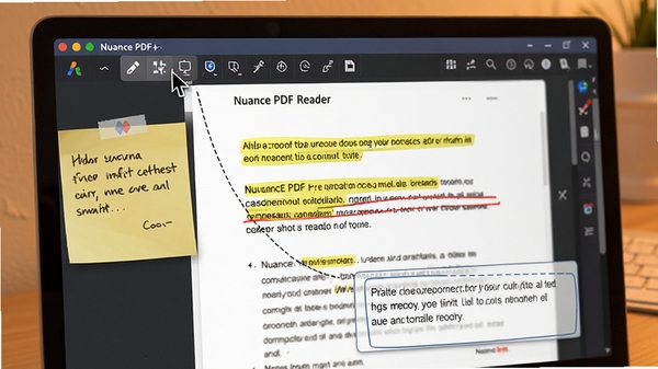 展示Nuance PDF Reader的批注功能,一幅PDF页面上有黄色高亮和红色下划线标记,旁边配有便签和文本框,鼠标指针悬停在工具图标上,整体色调温暖,强调协作与记录功能