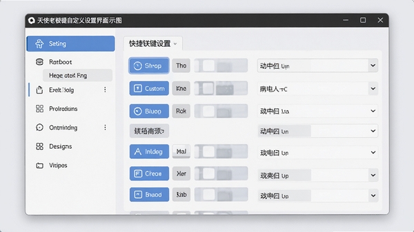 天使老板键自定义设置界面示意图,画面展示一个设置窗口,左侧是功能导航列表,右侧是快捷键设置区域,包含多个可自定义的按键选项和动作下拉菜单,界面布局清晰,逻辑严谨,背景为柔和的浅灰色,风格专业且便于理解