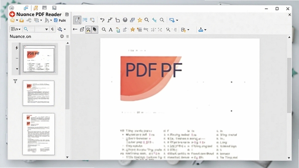 一幅展示Nuance PDF Reader软件主界面的高清截图,界面左侧为页面缩略图栏,右侧为文档阅读区,顶部有工具栏,整体风格简洁明亮,背景为浅灰色桌面,图片比例为16:10,画面清晰,突出软件名称和主要功能区域