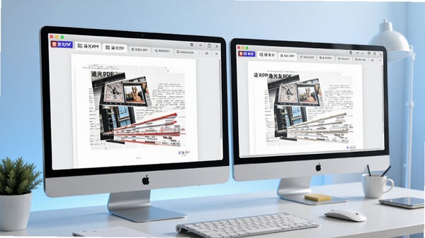 追光PDF多标签页同时打开多个PDF文档,窗口排列整齐,每个标签页显示不同内容,背景为柔和的渐变蓝色,突出高效办公场景