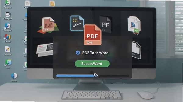 追光PDF格式转换功能界面,显示PDF转Word的成功提示,周围有文件图标和转换进度条,背景为整洁的电脑桌面