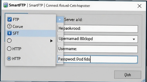 SmartFTP多协议连接对话框特写,显示协议类型选择菜单(FTP、SFTP、HTTP),服务器地址、端口号、用户名及密码输入框,界面设计规范,信息展示清晰直观