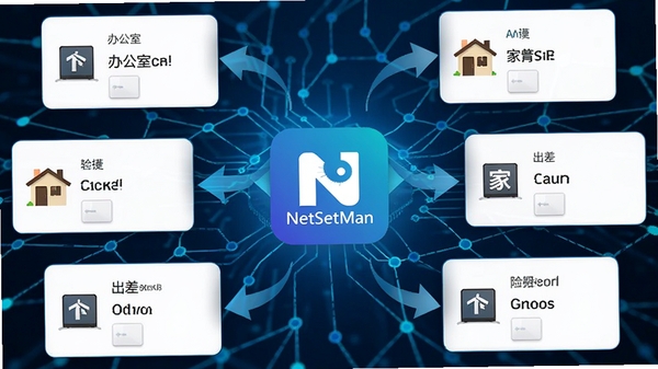 NetSetMan功能展示图,画面中心为软件图标,周围环绕多个网络配置文件卡片,每张卡片代表一个场景(如办公室、家、出差),卡片间有箭头指示切换方向,背景为科技感十足的蓝色网络节点线条,突出一键切换的便捷特性