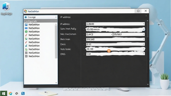 NetSetMan主界面预览图,展示软件主窗口,左侧为配置文件列表,右侧为详细的IP地址、子网掩码、网关、DNS等参数设置面板,背景为淡蓝色现代感桌面环境,画面清晰明亮,突出软件专业性与易用性