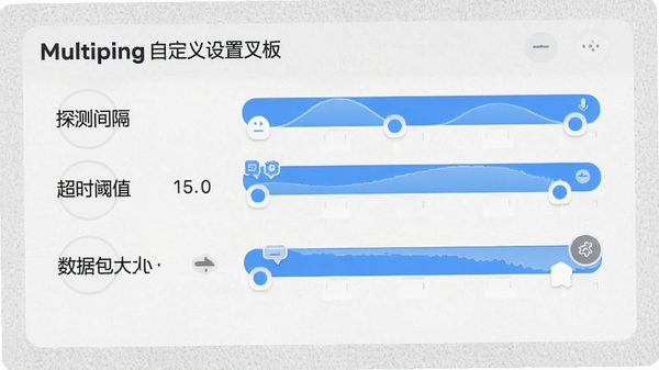 Multiping自定义设置面板,包含探测间隔、超时阈值、数据包大小等参数调整区域,界面明亮清晰,背景为浅灰质感
