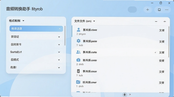 音频转换助手主界面截图,展示简洁的功能布局,左侧为格式选择区,右侧为文件列表,整体风格现代清爽,背景为淡蓝色渐变。