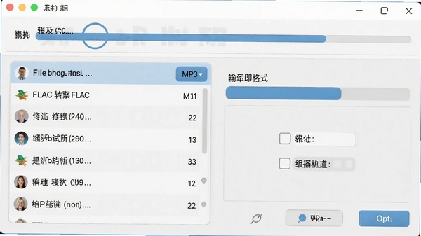 音频转换助手正在转换FLAC格式文件到MP3的进度界面,显示文件列表、转换进度条和输出格式选项,界面清晰直观。