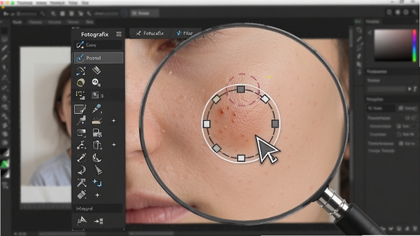 Fotografix�޸����߲�����д������Ŵ���ʾ����ͼ�¹��������޸�һ��������Ƭ�ϵ�Ƥ��覴ã������Χ�в���ԲȦ������������ʾFotografix�Ĺ���ѡ����������Ϊģ������Ƭ�༭���棬ϸ�ڷḻ�����߾���