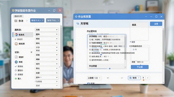 天学网教师客户端智能布置作业界面截图,画面左侧展示题库筛选条件,右侧呈现作业预览窗口,背景虚化处理突出软件主体,色彩明快,高清渲染