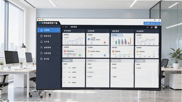 天学网教师客户端主界面预览图,展示清晰的左侧功能导航栏和右侧班级管理看板,背景为整洁的现代办公室场景,整体色调柔和明亮,软件界面占比超过画面百分之七十,风格写实,4K画质