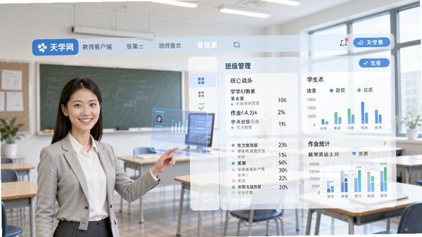 天学网教师客户端主界面预览图,展示清晰的导航栏与班级管理面板,教师形象在左侧操作,右侧显示学生数据与作业统计,背景为现代化教室,整体风格明亮简洁,突出教育科技感
