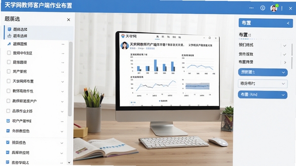 天学网教师客户端作业布置界面截图,左侧为题库选择列表,右侧显示预览题目与布置选项,界面带有蓝色主色调,数据图表清晰,背景为教师办公桌,体现高效工作场景