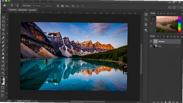一幅展示Adobe Photoshop软件完整工作界面的高清预览图,界面中打开着一张色彩丰富的风景照片,左侧工具栏与右侧图层面板清晰可见,整体风格专业且现代,背景为深灰色,突出软件主体