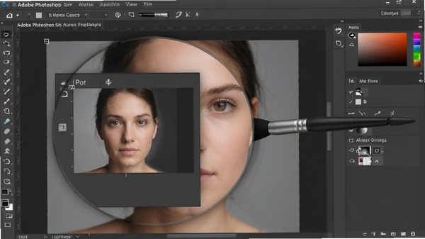 Adobe Photoshop中图层蒙版与画笔工具配合使用的特写画面,显示正在对一张人像照片进行背景替换操作,界面局部放大,突出蒙版缩略图与细腻的边缘处理效果,画面清晰专业