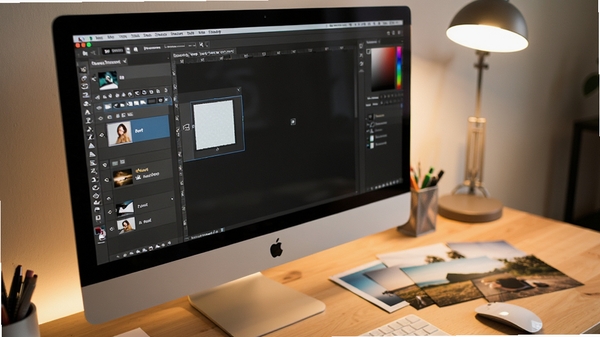 展示Adobe Photoshop中图层与蒙版功能的应用场景特写,画面中一个电脑显示器显示着多图层堆叠的编辑界面,其中一个图层带有白色蒙版缩略图,旁边散落着几张待合成的照片素材,桌面环境整洁,光线柔和,强调专业设计与创意过程。
