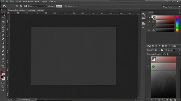 一幅展示Adobe Photoshop软件完整操作界面的高清数字插画,画面中央是打开的图像编辑画布,左侧为竖向工具栏,右侧为图层面板与颜色面板,整体桌面环境布局清晰,背景为深灰色工作区,画面风格写实且细节丰富,突出软件的专业性与强大功能。